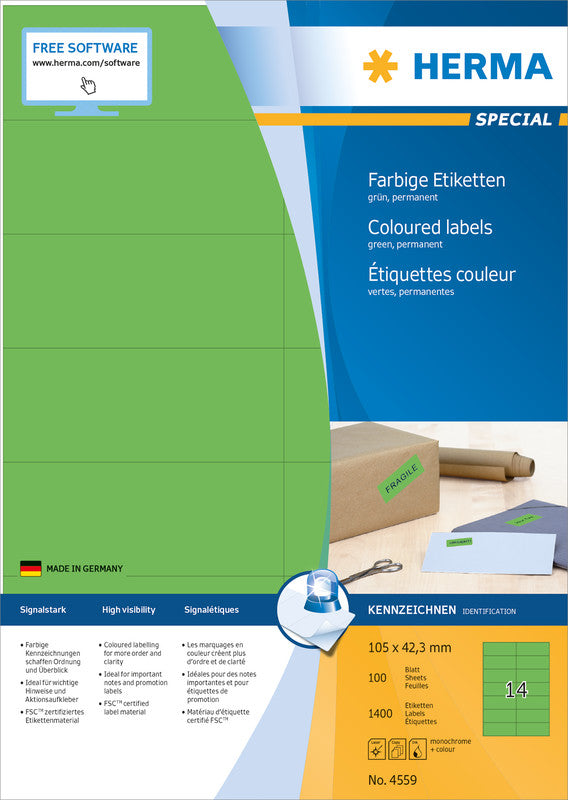 HERMA 4559 – Etiketten A4 105 × 42,3 mm – Papier, matt, grün – permanent haftend – Laser/Inkjet – 14 pro Blatt, 10