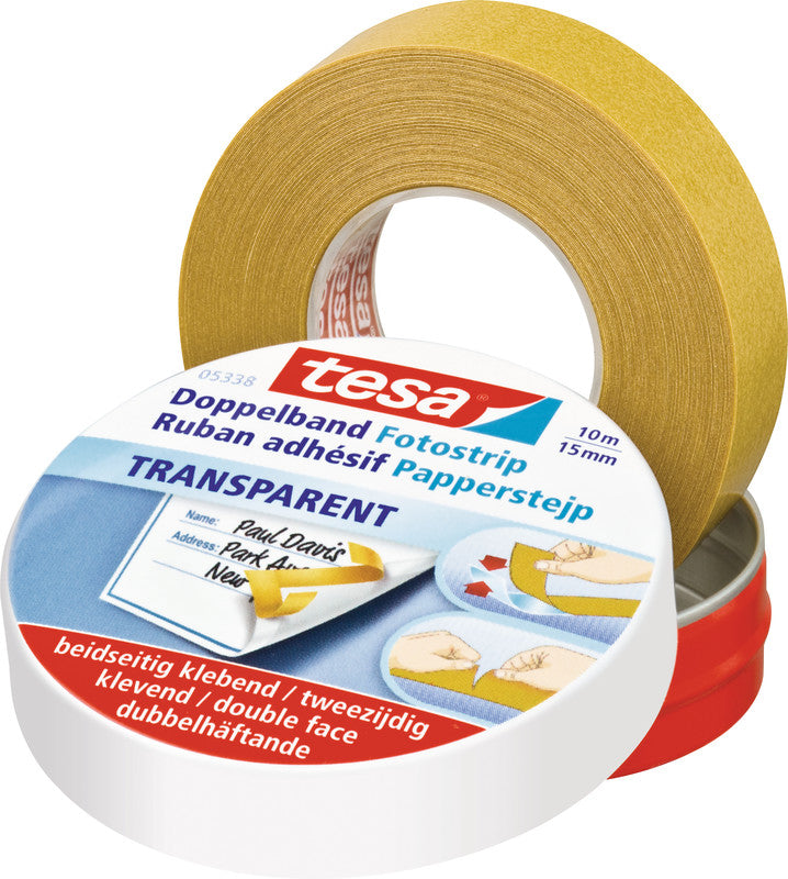 TESA Doppelseitiges Klebeband Fotostrip – permanent, Textil, 15 mm × 10 m, transparent