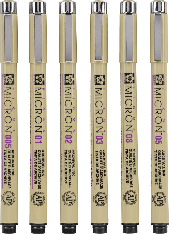 Sakura Pigma Micron Fineliner – 6er-Set – Schwarz – Wasserfest