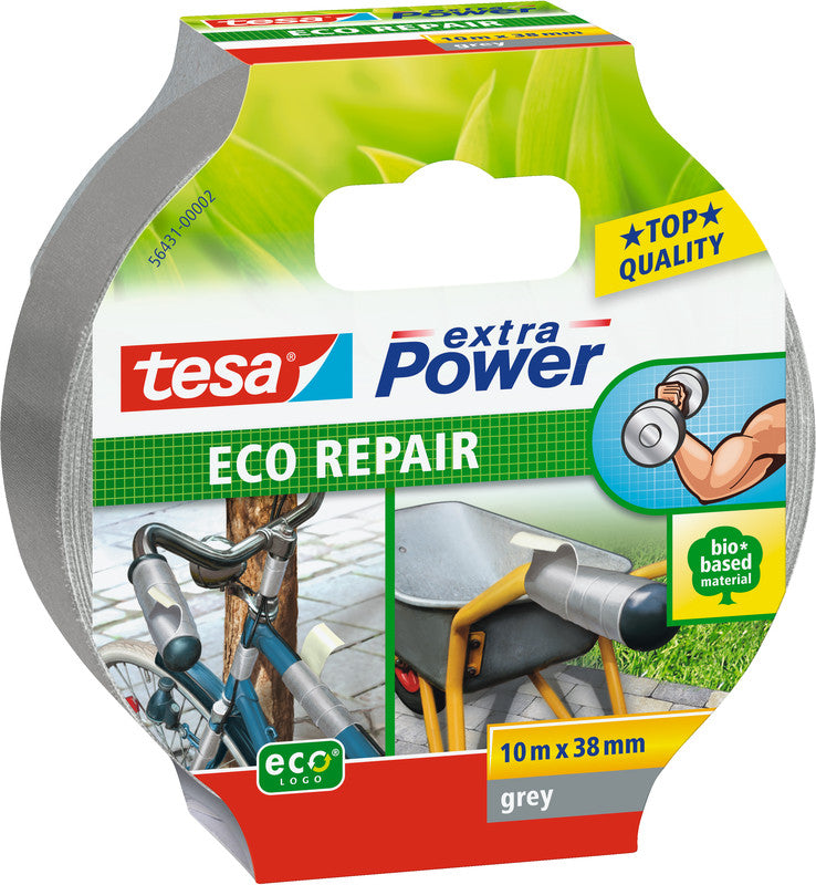 tesa Gewebeband Extra Power Eco Repair – 38 mm × 10 m, grau, extra stark, eco:plus