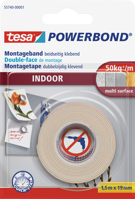 Tesa Powerbond Montageband, stark, für den Innenbereich, für glatte Oberflächen – 19 mm × 1,5 m, weiss, bis 5 kg/10 cm