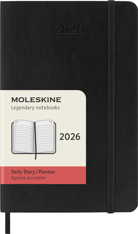 Moleskine Agenda – 1 Tag pro Seite, gebunden, 9 × 14 cm, 2026, 1-Stunden-Takt, Englisch, Schwarz, FSC