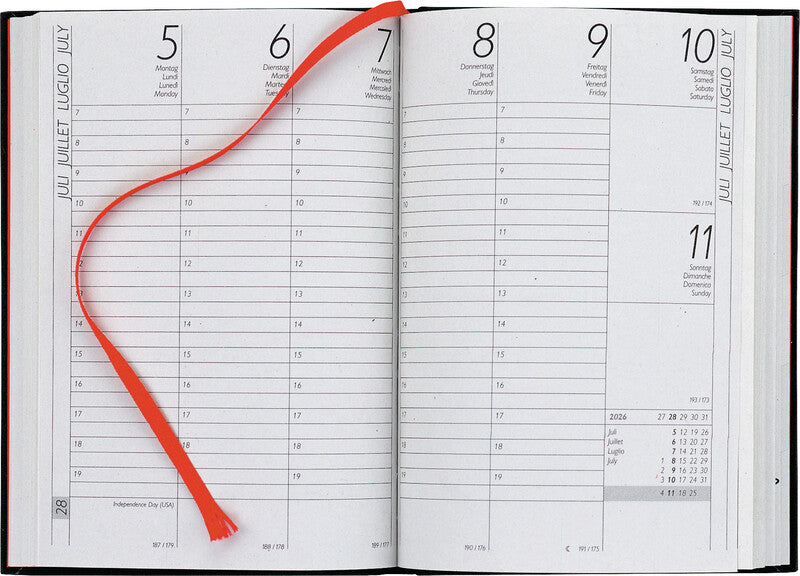 Biella LONGATTI Agenda – 1 Woche/2 Seiten, Gebunden, 10,4 × 14,8 cm, 2026, Mehrsprachig, Schwarz