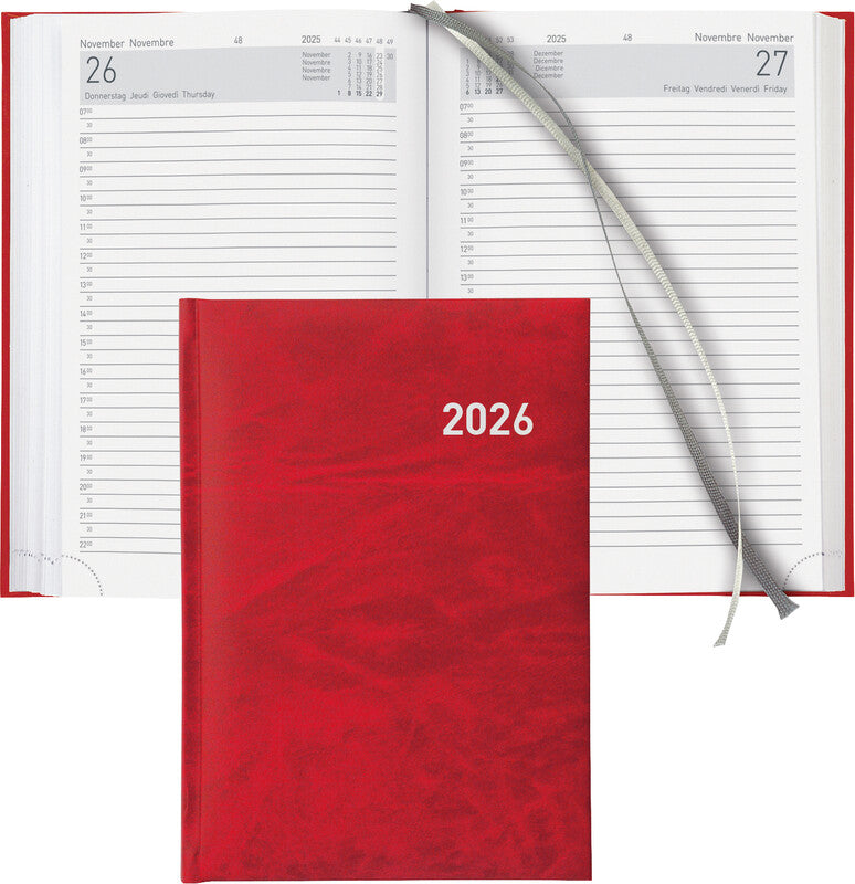 Biella Executive Agenda – 1 Tag pro Seite, gebunden, 14,5 × 20,5 cm, 2026, 1/2-Stunden-Takt, Rot, FSC