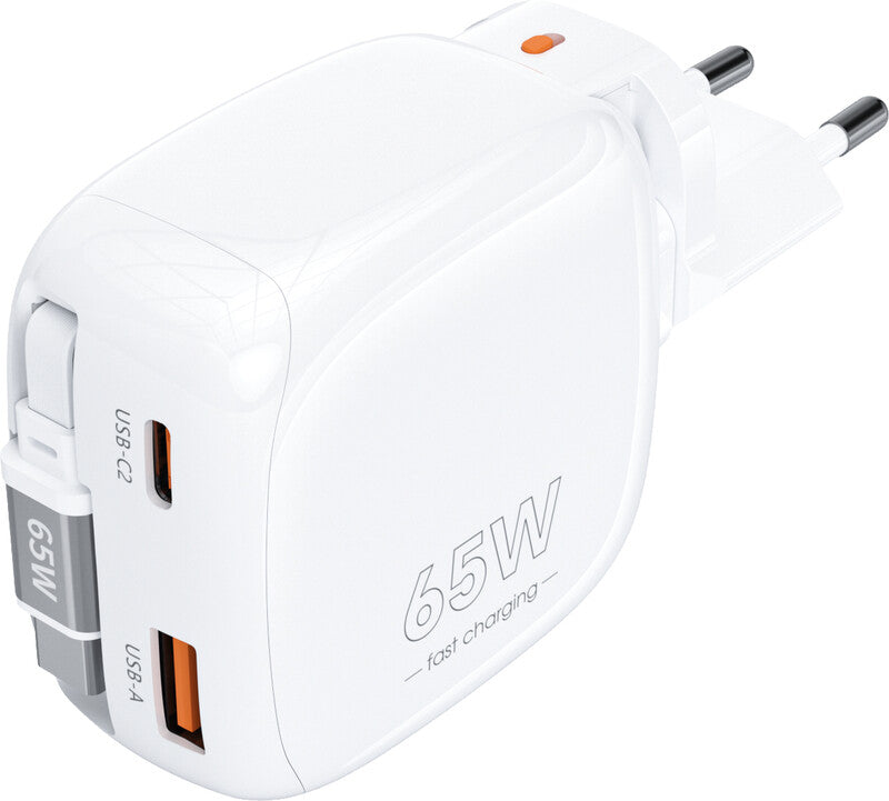 Choetech USB-Ladegerät 65 W – USB-C×2, USB-A×1, GaN – Integriertes ausziehbares Kabel 0,7 m – Weiss