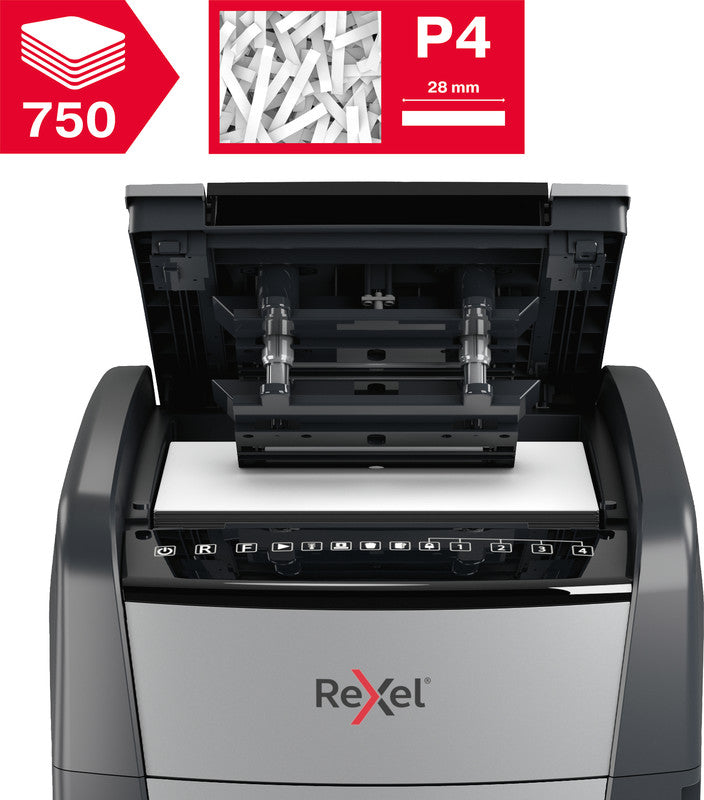 Rexel Optimum AutoFeed+ 750X – Aktenvernichter mit Autofeed 750 Blatt, DIN P-4, Partikelschnitt 4 × 30 mm, 140