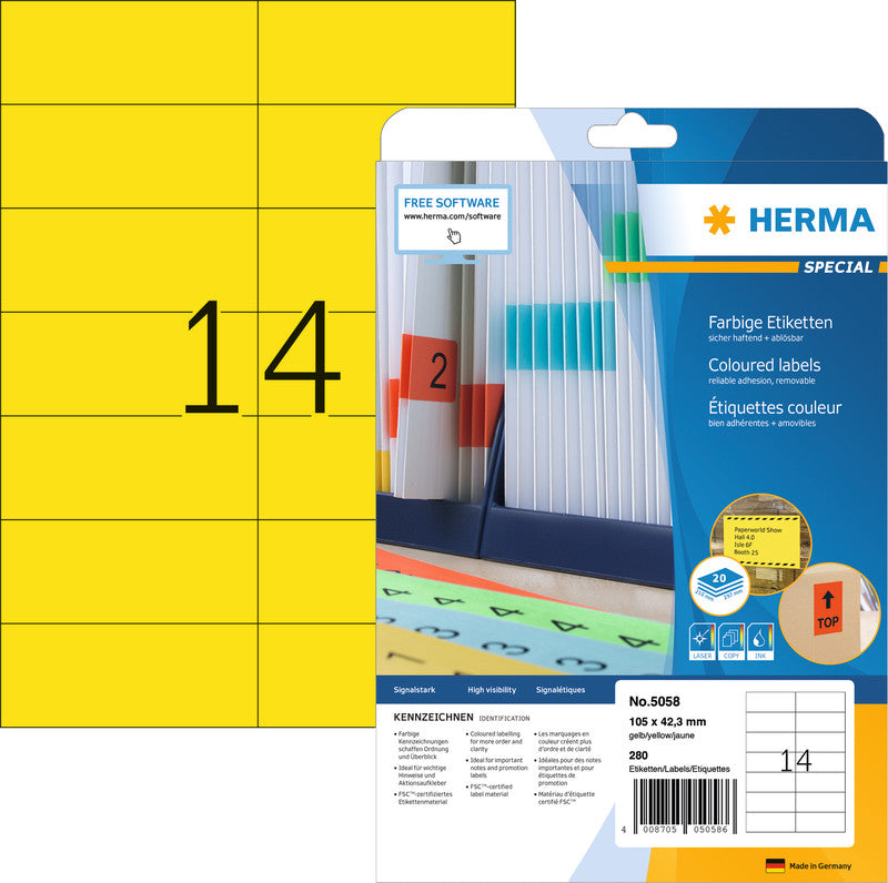 HERMA Etiketten (A4-Bogen), 105 mm × 42 mm, Gelb, Papier, Wiederablösbar, 20 Blätter (280 Etiketten)