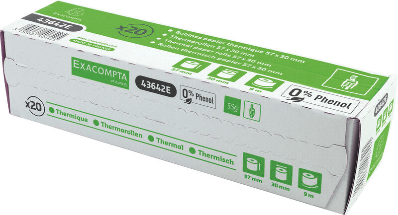 Exacompta Thermorolle 57 × 30 × 12 mm, 9 m, 52 g/m², phenolfrei, weiss