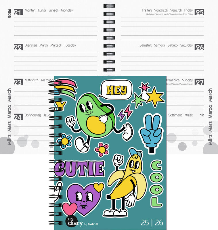 Biella mydiary Schüleragenda – 1 Woche/2 Seiten, Spiralbindung, 12 × 16,5 cm, Aug–Jul, Comic, FSC