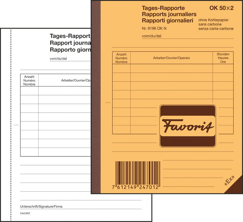 Favorit Formularblock – Tages-Rapporte, Deutsch, 50 Blatt, 113 × 190 mm