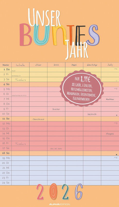 Alpha edition Familienplaner Unser buntes Jahr (Regenbogen XL) – für Familien – 5 Spalten – deutsch – 2026