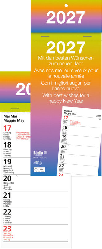 Biella Abreisskalender – 1 Woche pro Blatt – viersprachig D/F/I/GB – 2026 – 10,5 × 21 cm