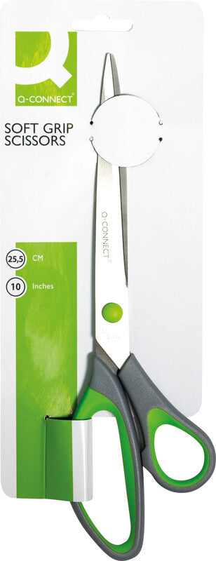 Q-connect Universalschere – 25,5 cm, Edelstahl, für Rechts- und Linkshänder, spitz, Softgrip, Kunststoff, grün