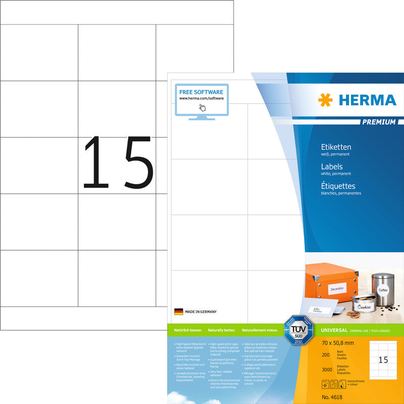 HERMA Etiketten A4 70 × 50,8 mm – Papier, matt, weiss – permanent haftend – Laser/Inkjet – 3'000 Stk.