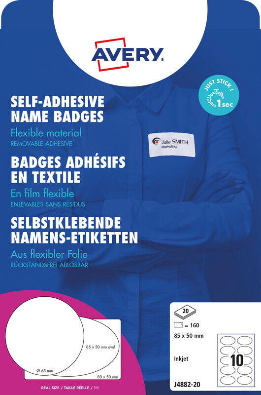 Avery Schuletiketten – 85 × 50 mm, abgerundete Ecken, 200 Stk, 20 Bogen, Textil, ablösbar