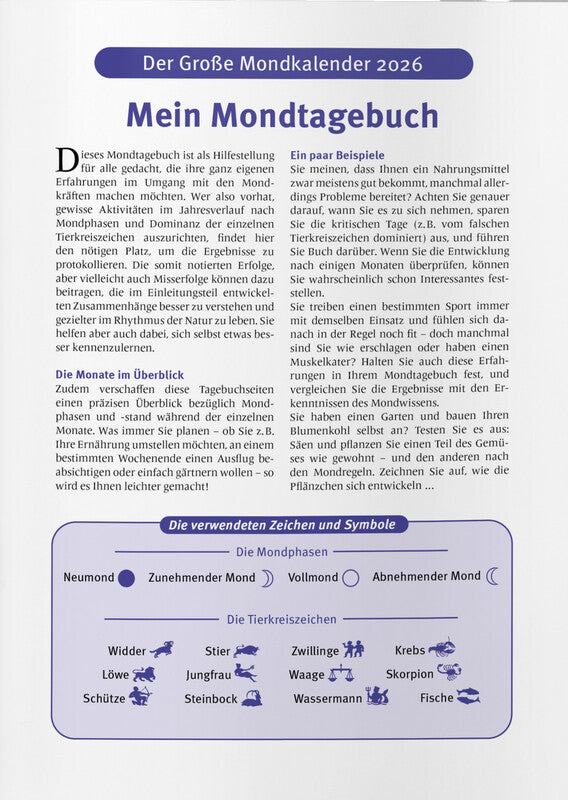 Heyne Ludwig Der grosse Mondkalender Agenda – 1 Tag/Seite, gebunden, 17 × 24 cm, 2026, Mond, Blau, FSC