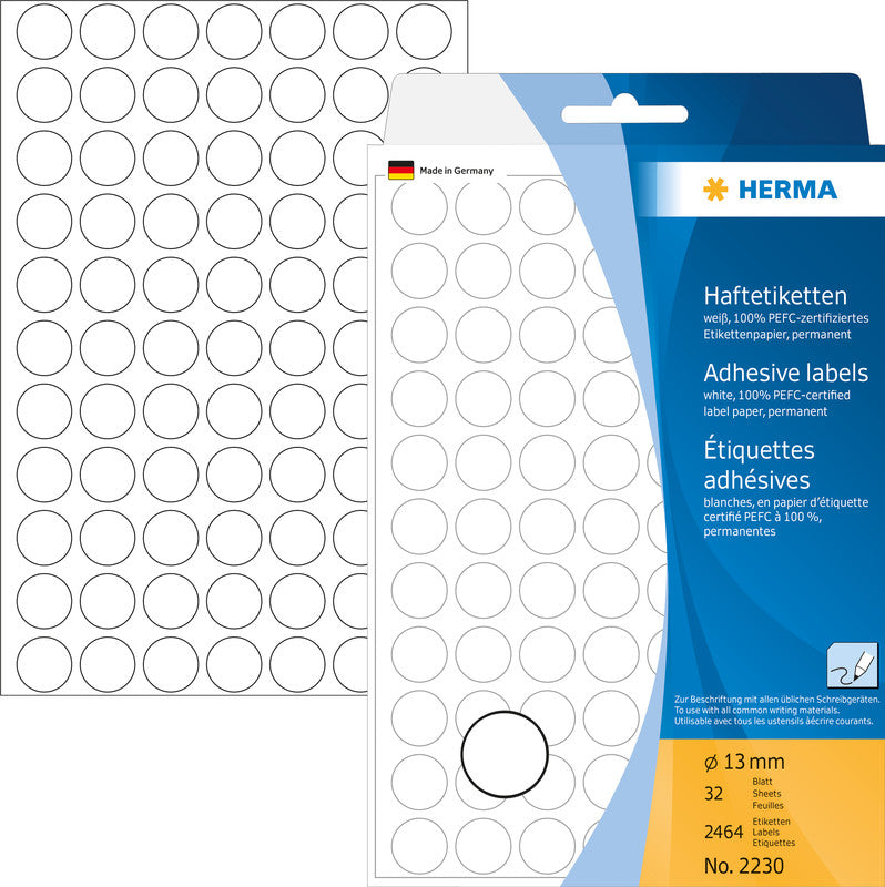 HERMA Haftetiketten – rund Ø 13 mm, stark haftend, weiss, Bogen 111 × 170 mm, 32 Blatt (2'464 Stk.)