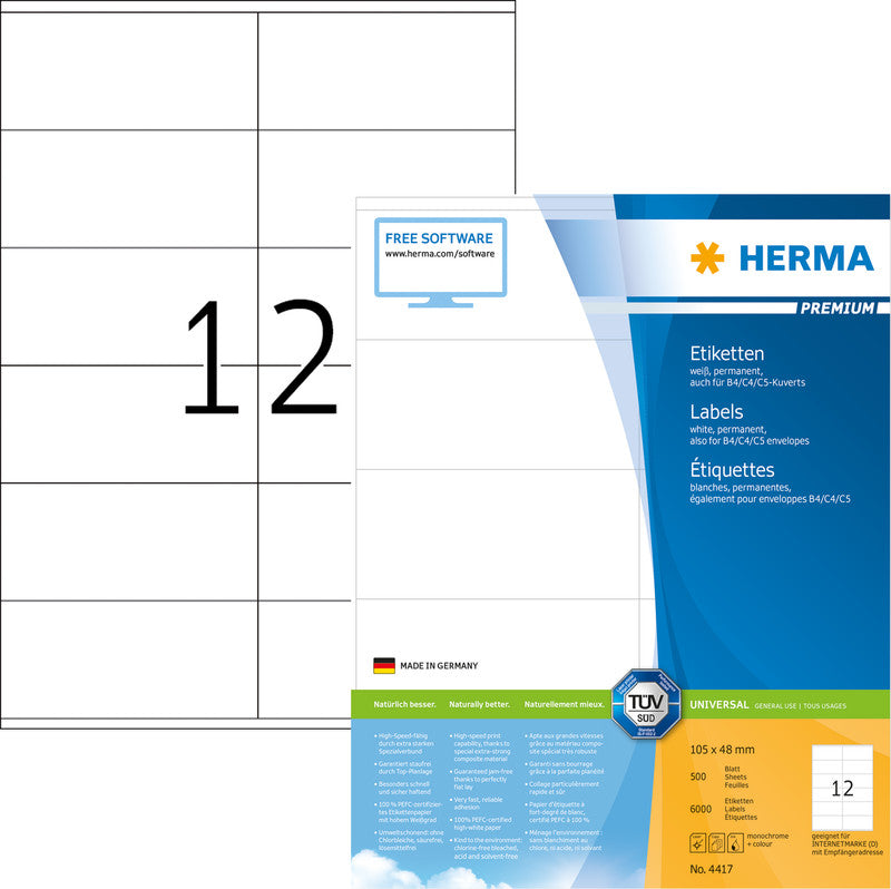 HERMA Etiketten auf Bogen, 105 mm × 48 mm, weiss, Papier, permanent, 500 Blatt (6 000 Etiketten)
