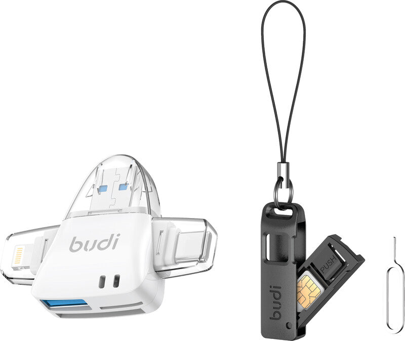 Budi USB-Kartenleser USB-A/USB-C/Lightning – SD/microSD, Nano-SIM – mit Etui – für Windows, Mac, Android/iOS