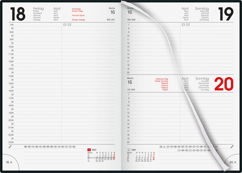 Biella Agenda – 1 Tag pro Seite, gebunden, 14,5 × 20,5 cm, 2026, 1/2-Stunden-Takt, schwarz, FSC