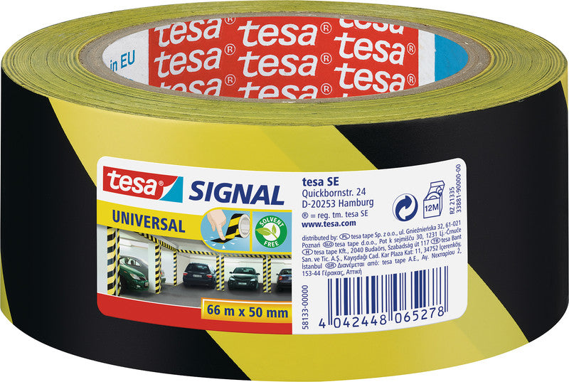 tesa Markierungsklebeband – permanent – schwarz/gelb – 50 mm × 66 m, Kunststoff
