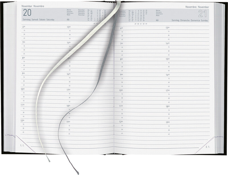 Biella Agenda – 1 Tag pro Seite, gebunden, 14,5 × 20,5 cm, 2026, mehrsprachig, 1/4-Stunden-Takt, schwarz, FSC