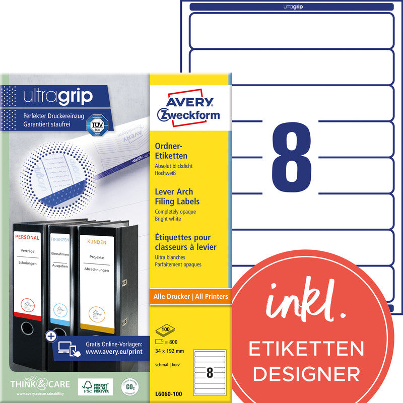 Avery Druckeretiketten, 32 mm × 192 mm, weiss, Papier, selbstklebend, 100 Blätter (800 Etiketten)