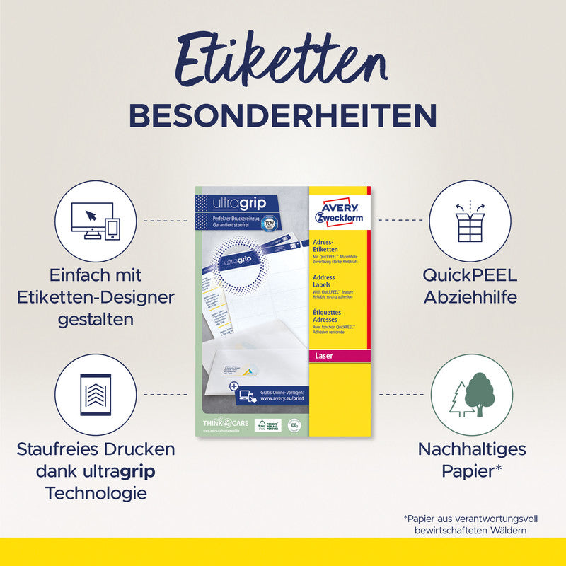 Avery Zweckform – Adressetiketten, 64 mm × 34 mm, weiss, Papier, permanent, 100 Blätter (2'400 Etiketten)