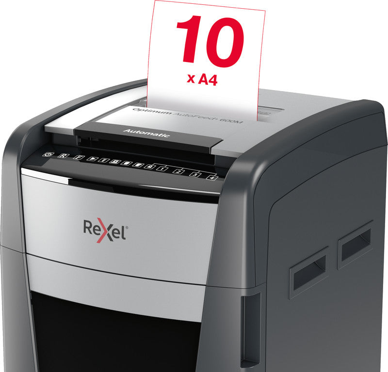 Rexel Optimum AutoFeed+ 600M – Aktenvernichter mit Autofeed 600 Blatt, DIN P-5, Mikroschnitt 2 × 15 mm, 110 l