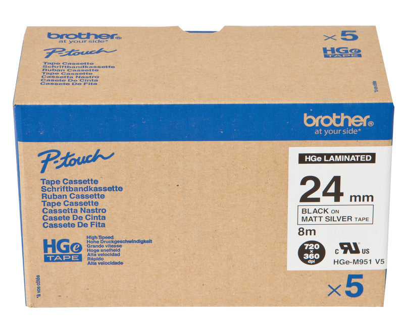Brother Schriftband – 24 mm × 8 m, silber matt, schwarz, 5 Stück