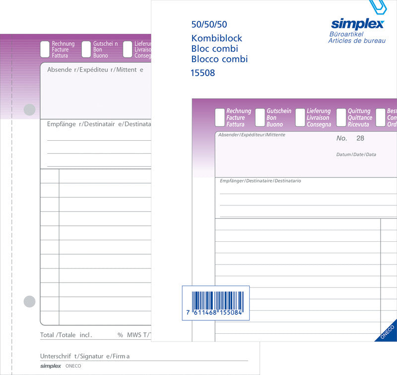 Simplex Formularblock – mehrsprachig, 50 Blatt, A5