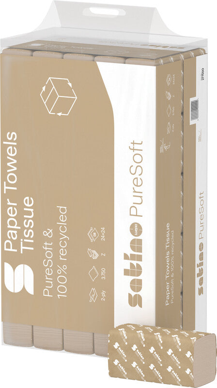 Satino puresoft Falthandtücher Z-Falz – 2-lagig, natur, Recyclingpapier – 240 × 240 mm – Pack 25 × 150 Blatt