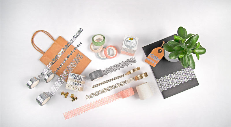 Folia Washi Tape Spitzenbordüre – wiederablösbar, Hotfoil, Papier, 25 mm × 5 m, Grau/Gold, 2 Rollen