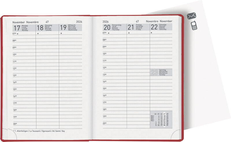 Biella Rex Agenda – 1 Woche/2 Seiten, gebunden, 10,1 × 14,2 cm, 2026, mehrsprachig, rot, FSC