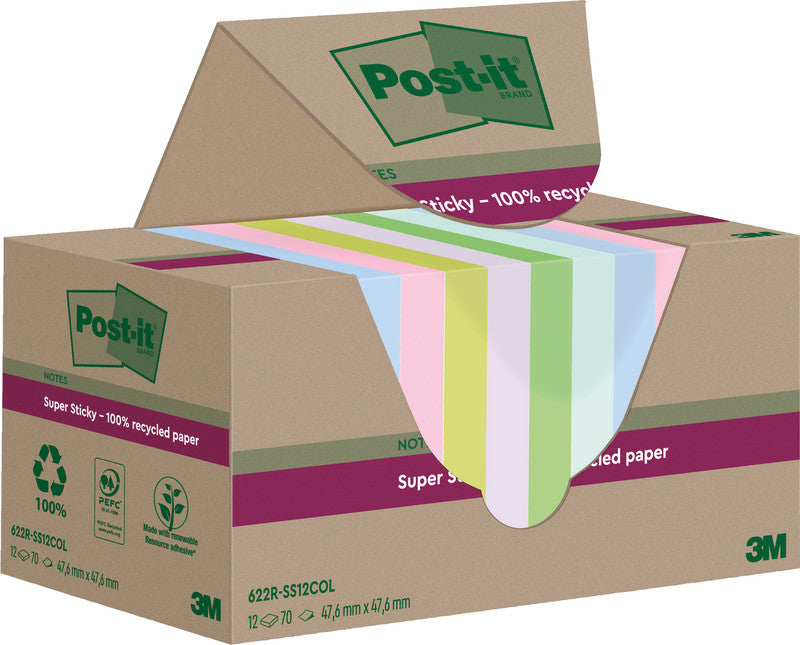 Post-it Haftnotizen Super Sticky – 47,6×47,6 mm – sortiert, 12×70 Blatt, PEFC