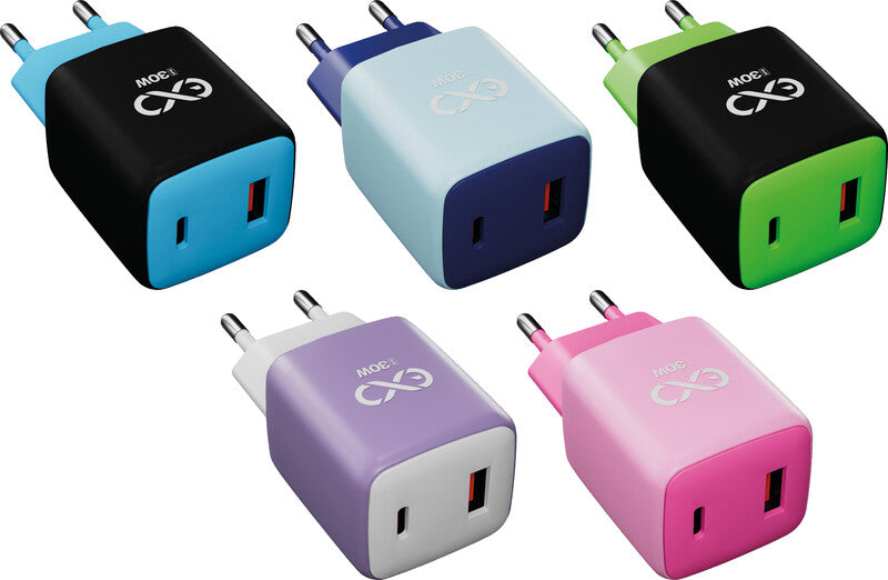 EXC Cube USB-Ladegerät 30 W – USB-C×1, USB-A×1 – PD – Violett/Hellblau