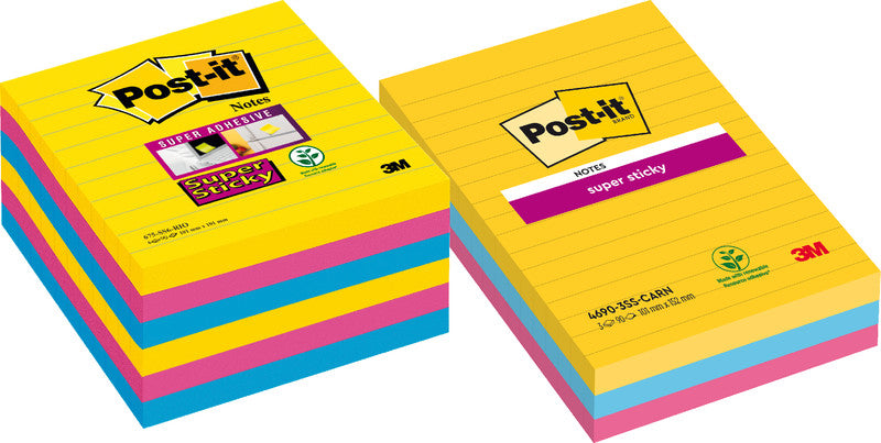 Post-it Super Sticky Haftnotizen – 101×152 mm – sortiert (ultragelb, ultrablau, ultrapink), 3×90 Blatt, PEFC