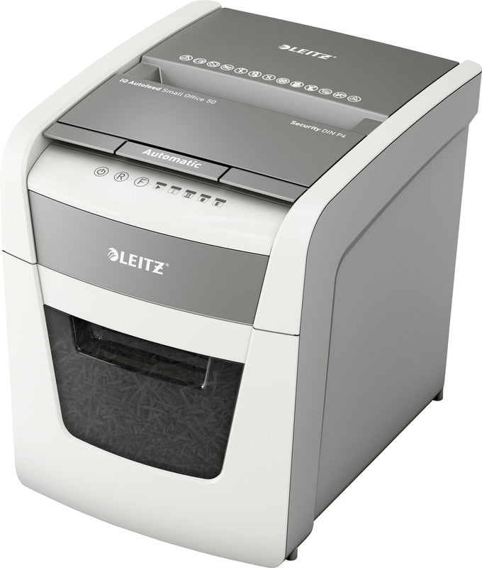 Leitz IQ Autofeed 50 – Aktenvernichter mit Autofeed 50 Blatt, DIN P-4, Partikelschnitt 4 × 28 mm, 6 Blatt, 20