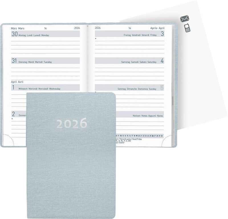 Biella Agenda – 1 Woche/2 Seiten, gebunden, 7,6 × 11 cm, Jan–Dez, 2026, hellblau, FSC