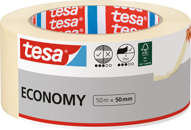 tesa Krepp-Abdeckband – 50 mm × 50 m, beige, für den Innenbereich, Papier, rückstandsfrei bis 3 Tage