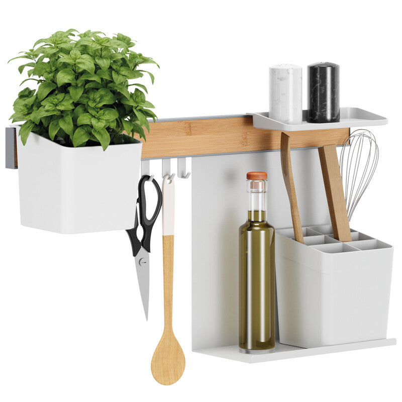 TESA Küchenorganizer Kombi-Set M – für Küchenreling – mit Zierblende Weiss & Bambus – 60 × 34 × 15 cm