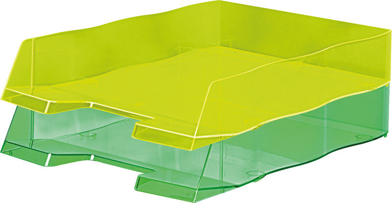 Styro Briefkorb – mit Griffausschnitt, mit Beschriftungsfeld, glänzend, neongrün, B 255 × H 62 × T 360 mm