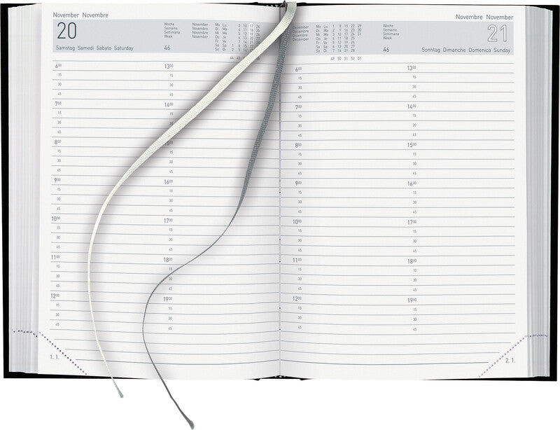 Biella Agenda – 1 Tag pro Seite, gebunden, 14,5 × 20,5 cm, 2026, mehrsprachig, 1/4-Stunden-Takt, schwarz, FSC