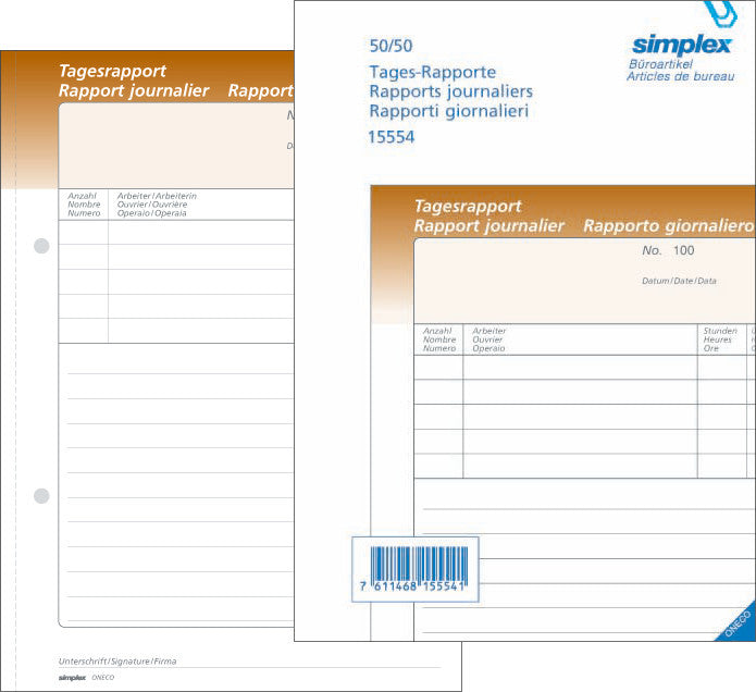 Simplex Formularblock – Tages-Rapporte, mehrsprachig, 50 Blatt, A5