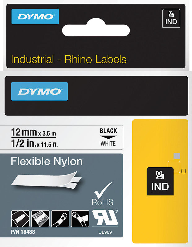DYMO Schriftband – 12 mm × 3,5 m, weiss, schwarz – für DYMO Rhino: 3000, 4200, 5000 und weitere