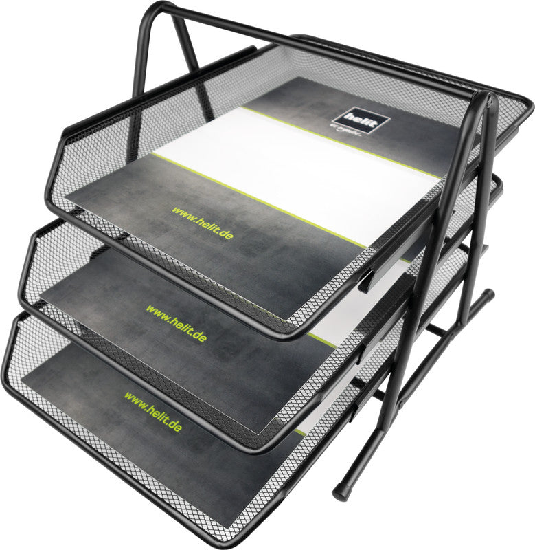 Helit Briefkorb – Stahl, für A4 und C4, 3 Fächer, glänzend, schwarz, B 295 × H 270 × T 350 mm