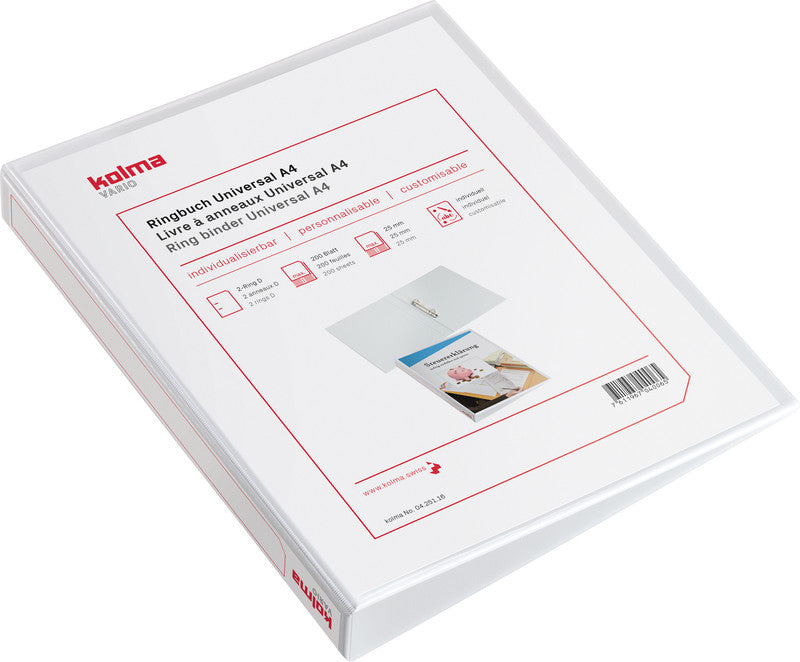 Kolma Zeigebuch – A4 Hochformat – 2-Ring Bügelmechanik, Ø 25 mm, Rücken 40 mm – Weiss, Kunststoff, mit Sichttasche