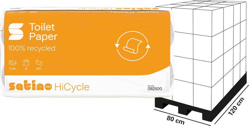 Satino hicycle Toilettenpapier – 3-lagig, Recycling, Blattgrösse 94 × 120 mm, 250 Blatt/Rolle – 8 Rollen