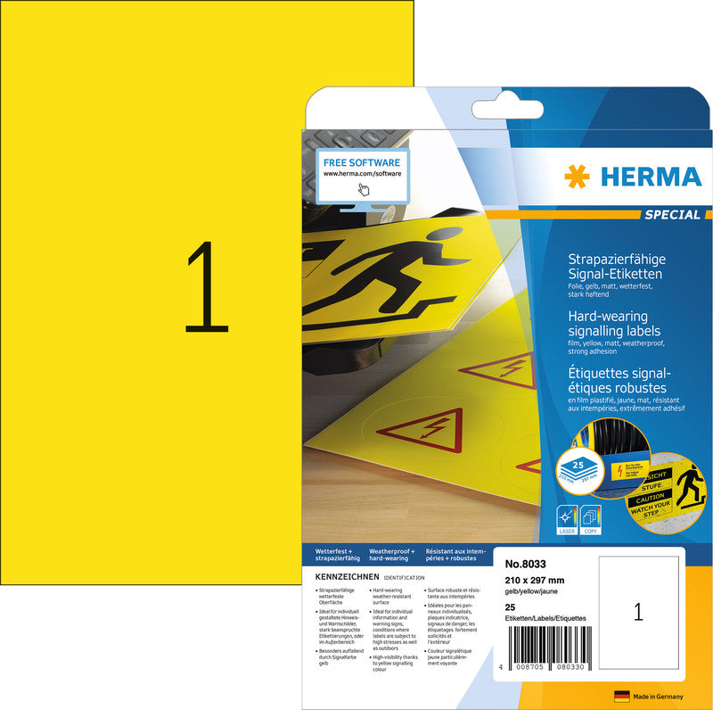 HERMA Druckeretiketten, 99 mm × 42 mm, gelb, Folie, extra stark, 300 Etiketten
