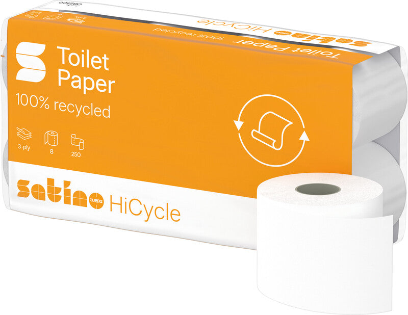 Satino hicycle Toilettenpapier – 3-lagig, Recycling, Blattgrösse 94 × 120 mm, 250 Blatt/Rolle – 8 Rollen